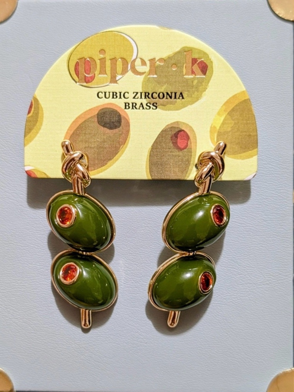 Piper K Olive Green Drop Earrings Cubic Zirconia & Gold Tone